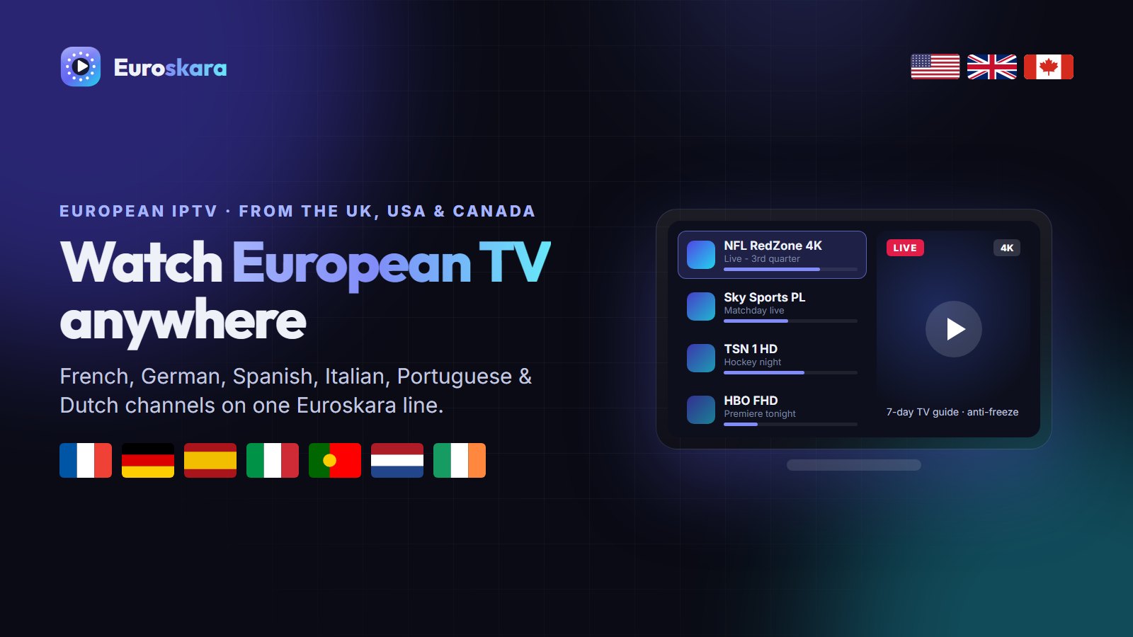 French Canadian and European channels on Euroskara IPTV in Canada