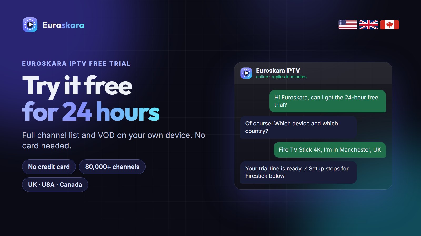 Euroskara IPTV free trial 24 hours for the UK, USA and Canada - request on WhatsApp