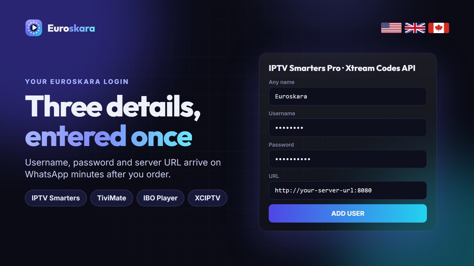 Euroskara Xtream Codes login screen in IPTV Smarters Pro - username, password, server URL